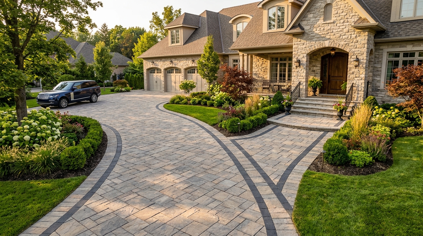 Interlocking paver driveway with decorative soldier course border