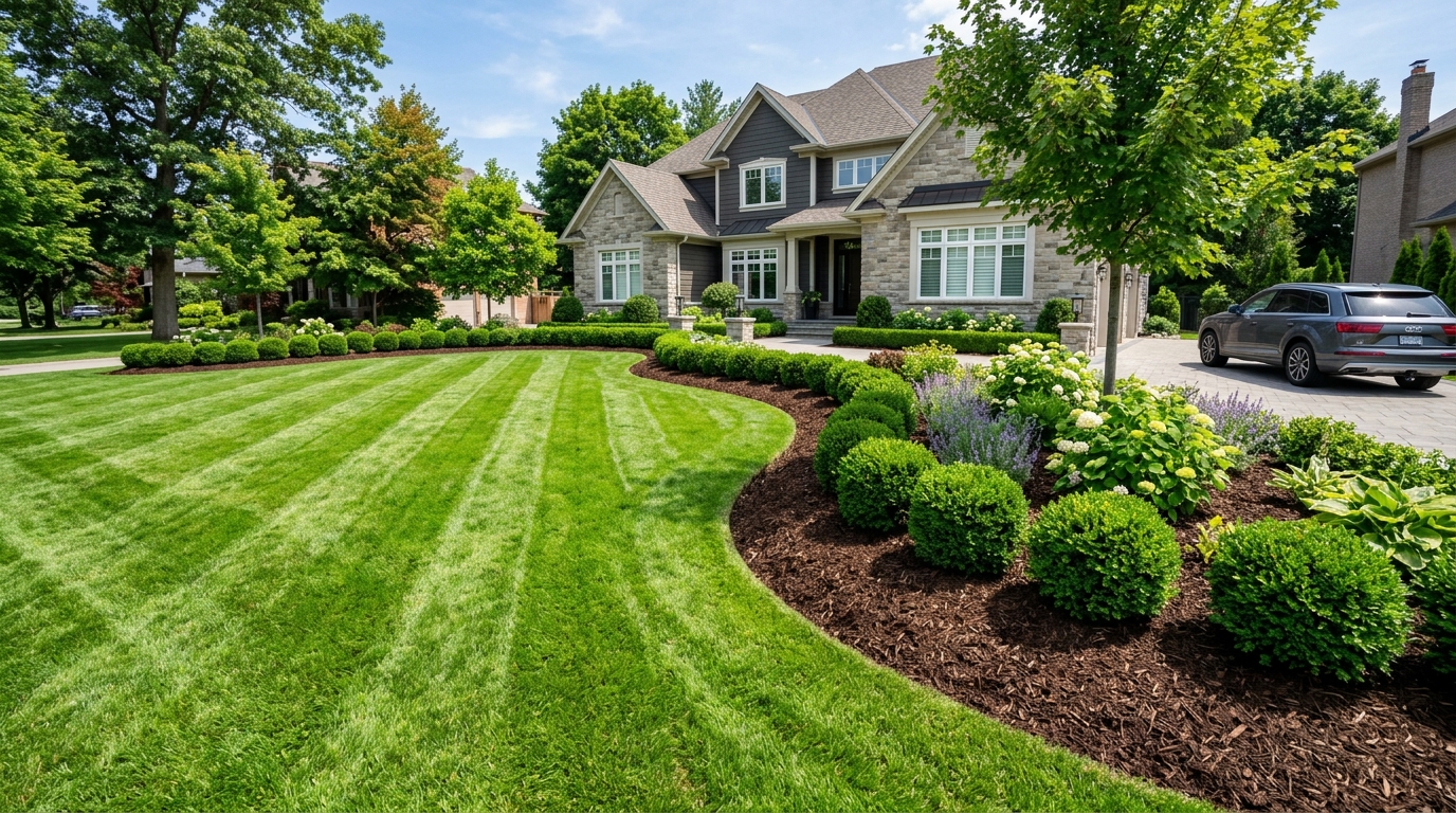 Manicured striped lawn with clean garden edging