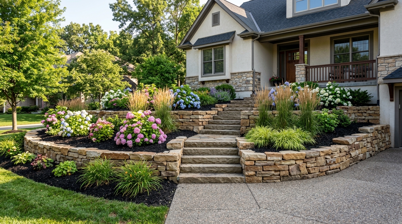 Engineered stone retaining wall with plantings